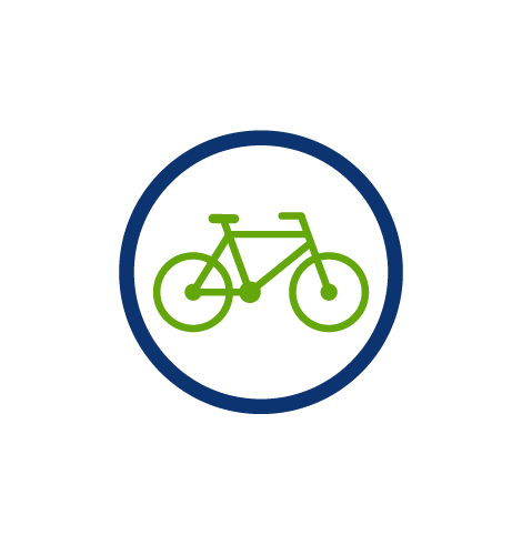 骑自行车图标，乘坐公共交通，虚拟节水，绿色自行车，蓝色圆圈，透明PNG